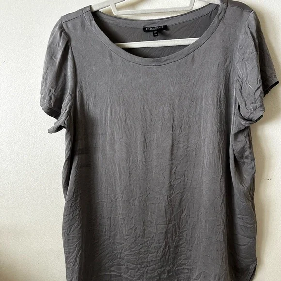 Eileen Fisher shiny grey silk short sleeve blouse petite medium EUC - Picture 2 of 6